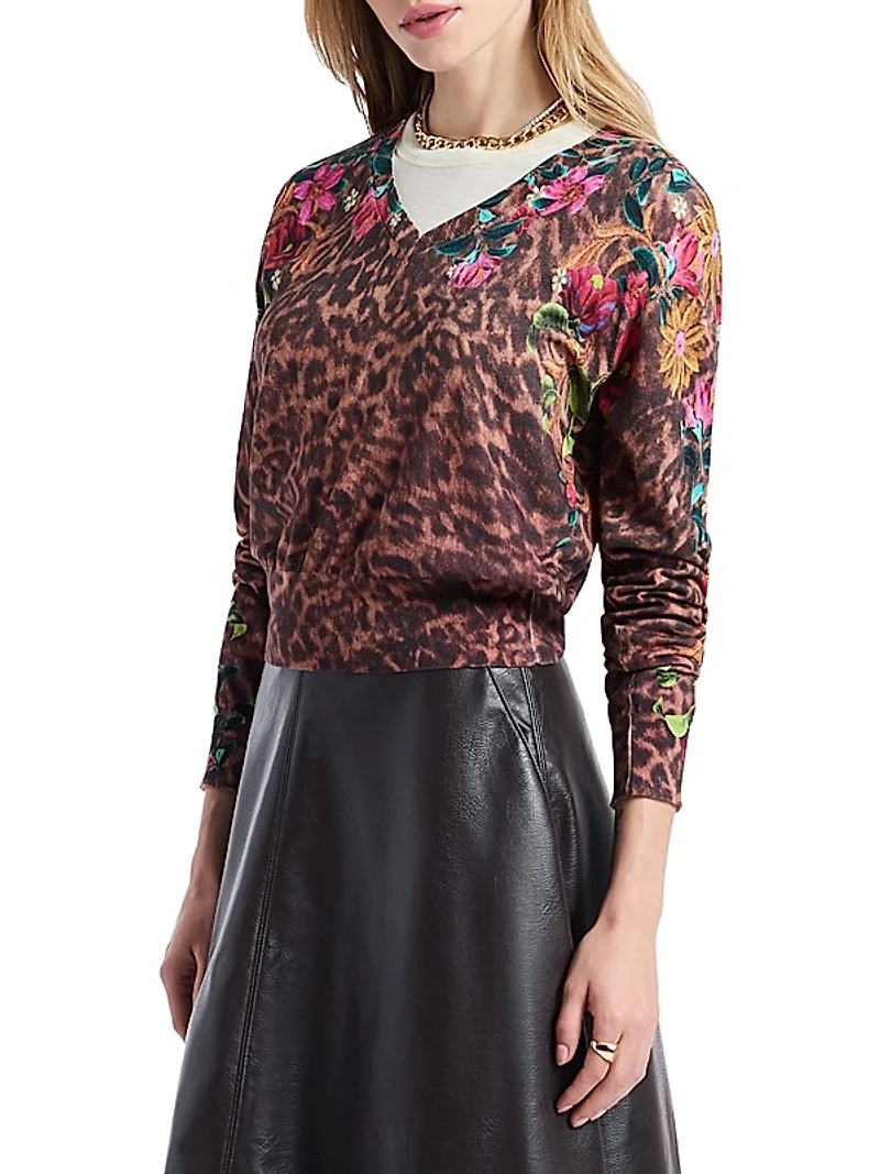 Evelyn Leopard & Floral Cotton-Silk Sweater