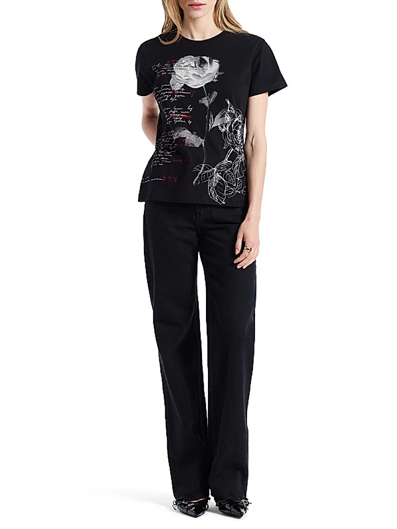Petal Pages Embroidered Cotton Jersey T-Shirt