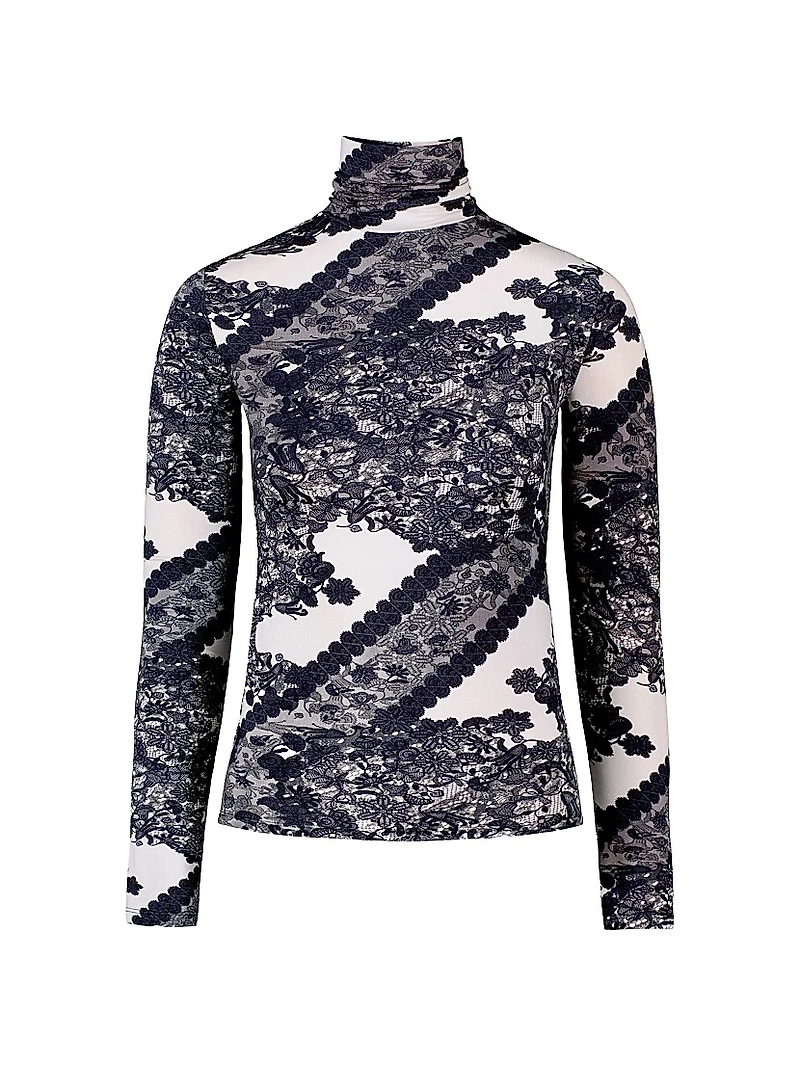 Aubrey Lace-Printed Jersey Turtleneck Top