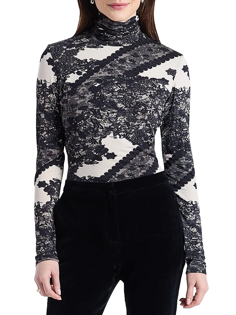 Aubrey Lace-Printed Jersey Turtleneck Top