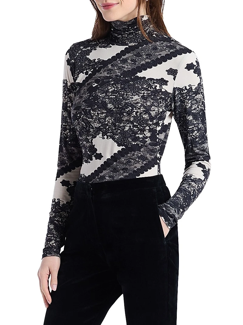 Aubrey Lace-Printed Jersey Turtleneck Top
