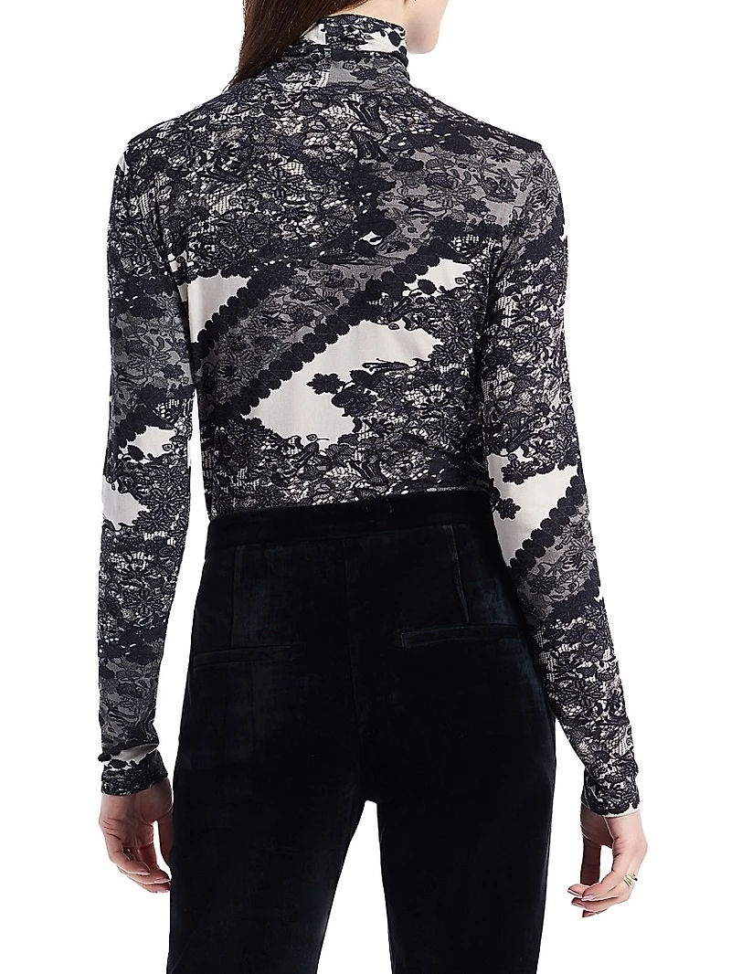 Aubrey Lace-Printed Jersey Turtleneck Top