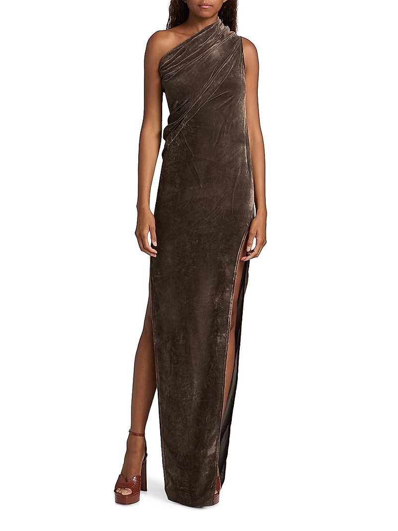 Athena Arrowhead One-Shoulder Velvet Gown