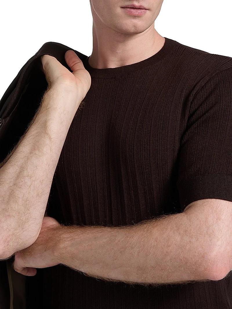 Cotton-Cashmere Rib-Knit Short-Sleeve Sweater