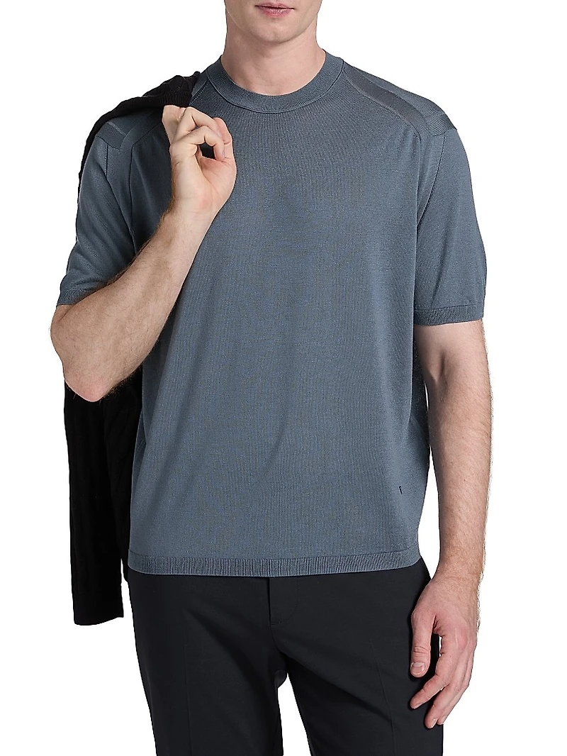 Wool-Silk Short-Sleeve Crewneck Sweater