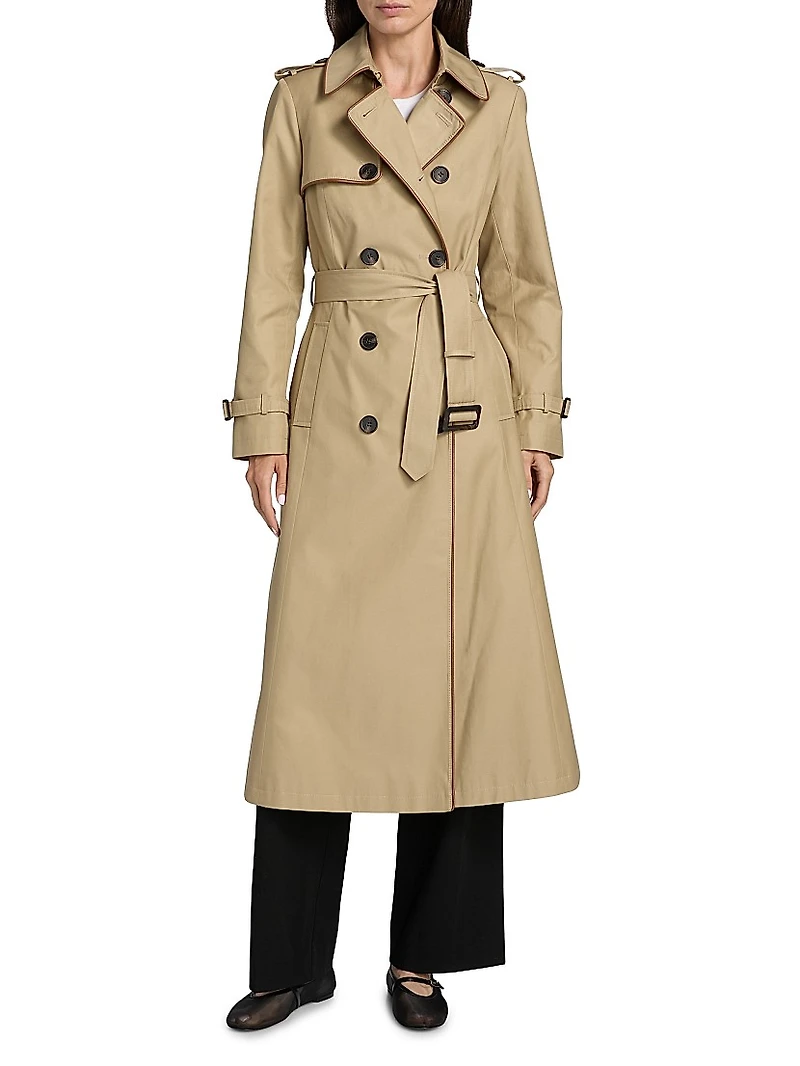 Faux Leather Trim Trench Coat