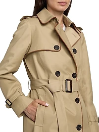 Faux Leather Trim Trench Coat