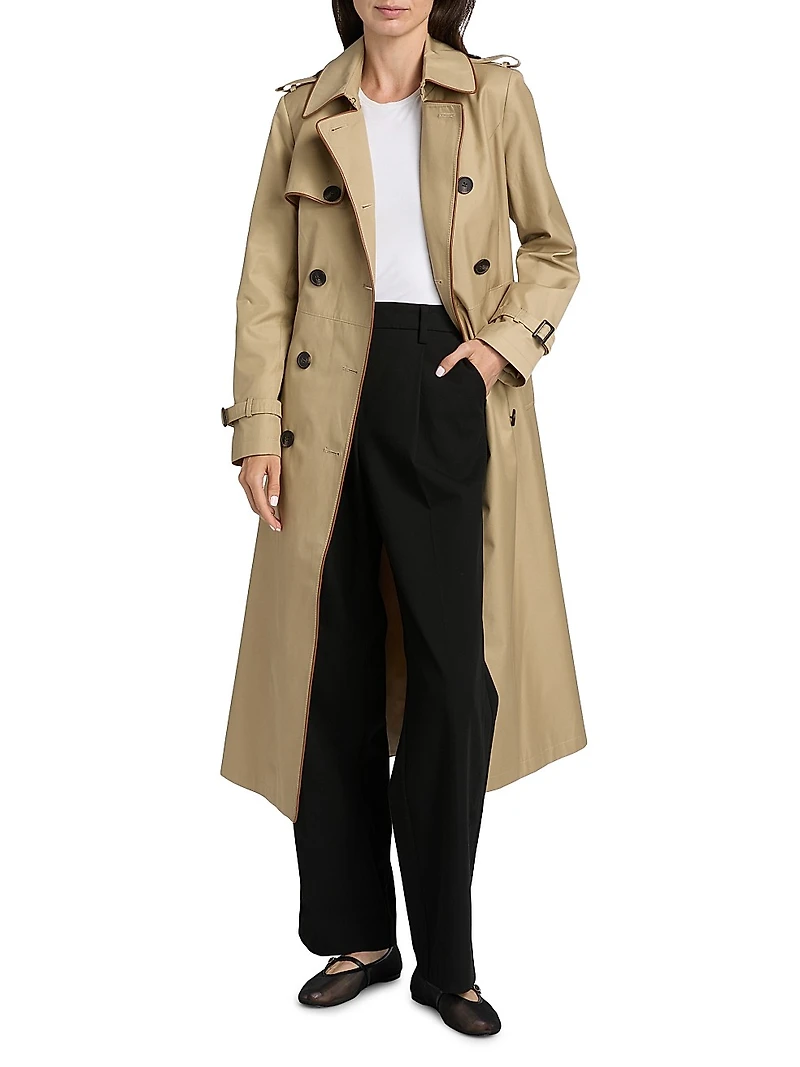 Faux Leather Trim Trench Coat