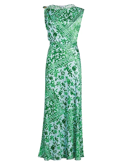 Maritza Watercolor Tile Print Asymmetric Maxi Dress