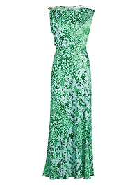 Maritza Watercolor Tile Print Asymmetric Maxi Dress