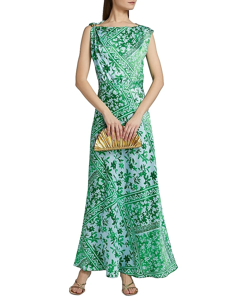 Maritza Watercolor Tile Print Asymmetric Maxi Dress