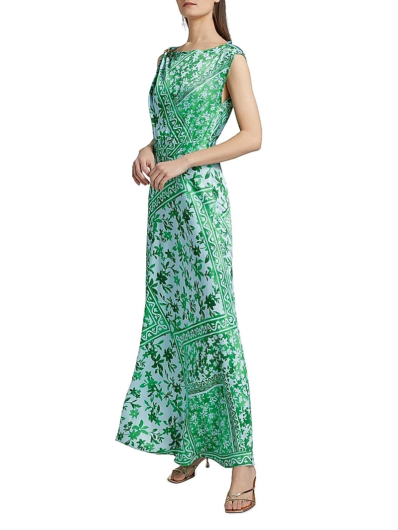 Maritza Watercolor Tile Print Asymmetric Maxi Dress