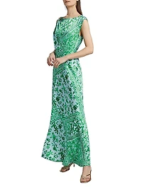 Maritza Watercolor Tile Print Asymmetric Maxi Dress