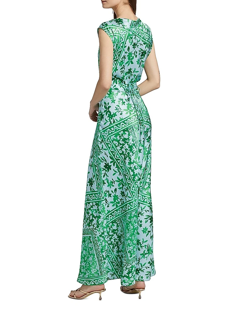 Maritza Watercolor Tile Print Asymmetric Maxi Dress