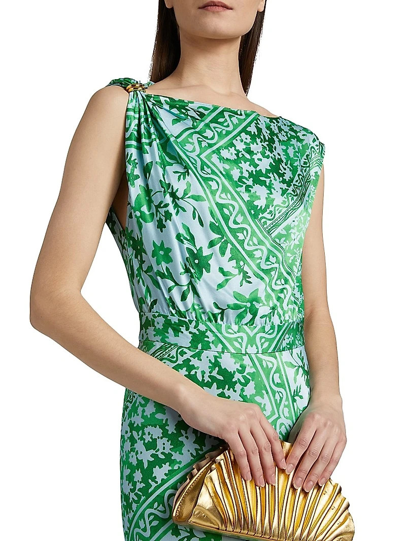 Maritza Watercolor Tile Print Asymmetric Maxi Dress