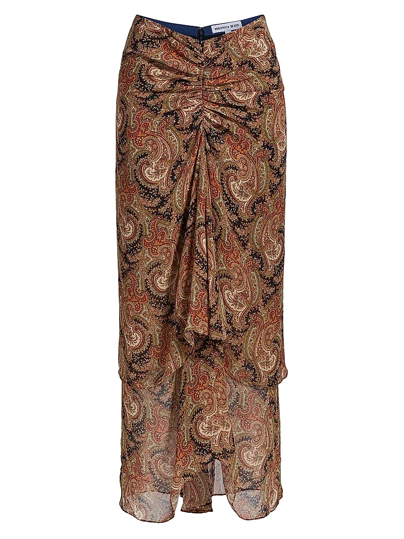 Sira Paisley Silk Ruffled Midi-Skirt