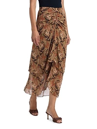 Sira Paisley Silk Ruffled Midi-Skirt
