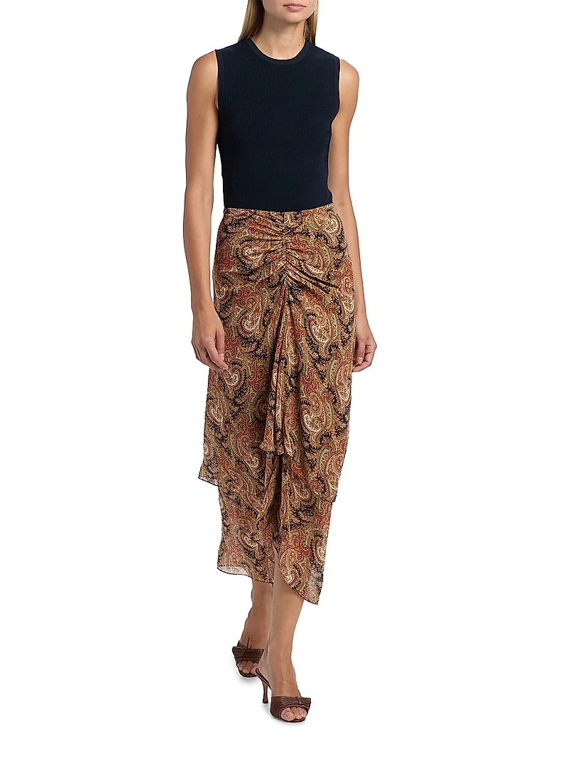 Sira Paisley Silk Ruffled Midi-Skirt