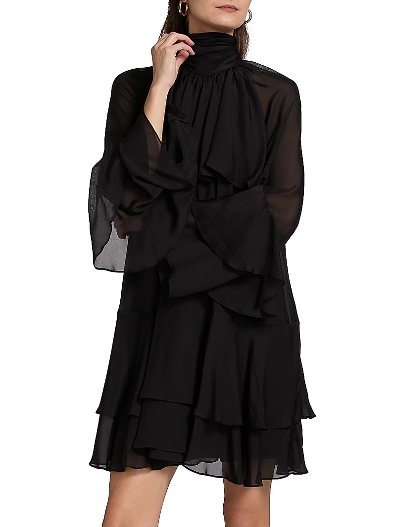 Adlington Silk Ruffle Mock-Neck Minidress