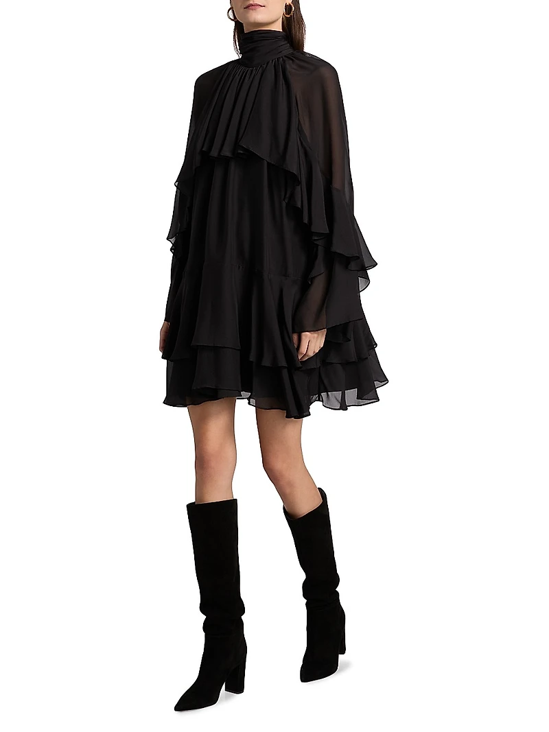 Adlington Silk Ruffle Mock-Neck Minidress