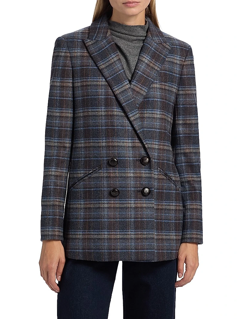 Oria Plaid Wool-Blend Double-Breasted Dickey Jacket