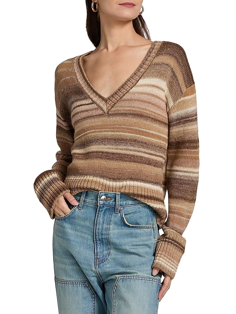 Diora Striped Wool-Blend V-Neck Sweater