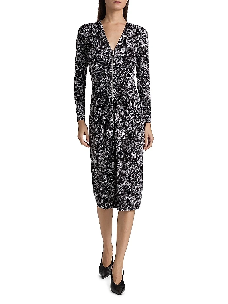 Paisley Ruched Midi-Dress