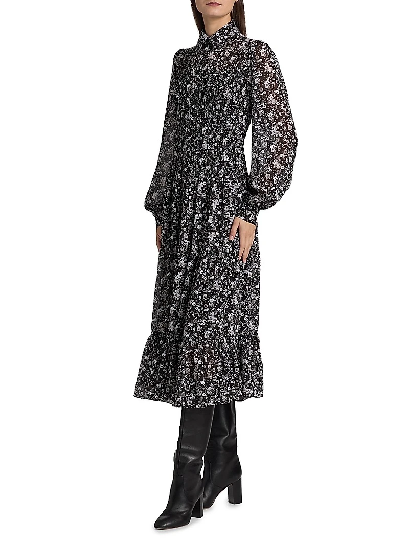 Floral Smocked Midi-Shirtdress