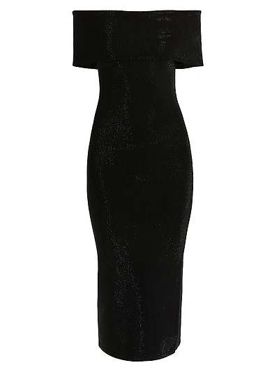 Gem Fold-Over Off-The-Shoulder Midi-Dress