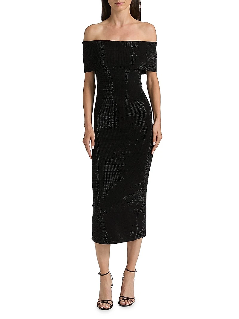 Gem Fold-Over Off-The-Shoulder Midi-Dress