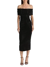 Gem Fold-Over Off-The-Shoulder Midi-Dress