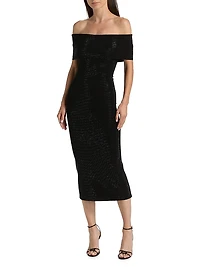 Gem Fold-Over Off-The-Shoulder Midi-Dress