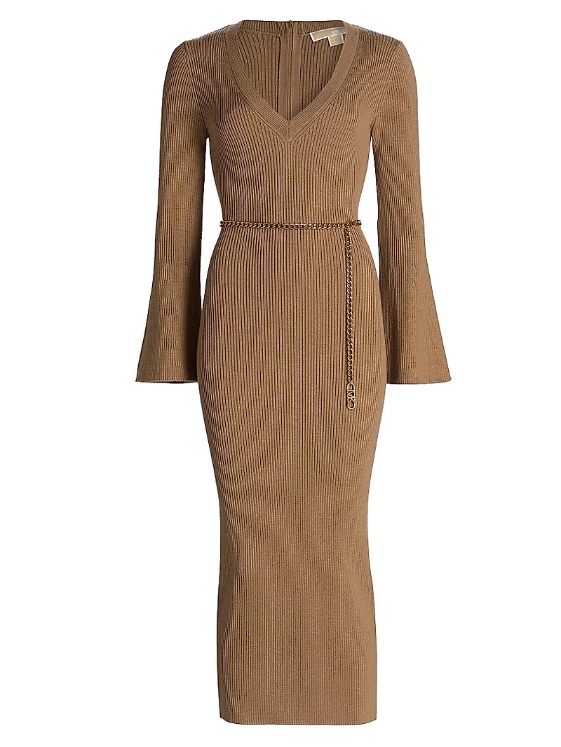 V-Neck Wool Blend Midi Sweater Dress