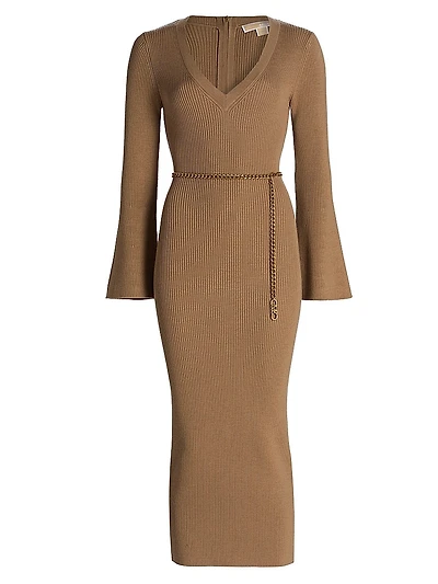 V-Neck Wool Blend Midi Sweater Dress