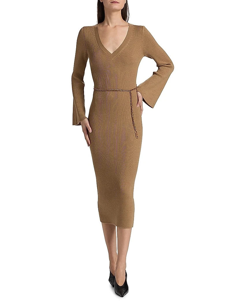 V-Neck Wool Blend Midi Sweater Dress