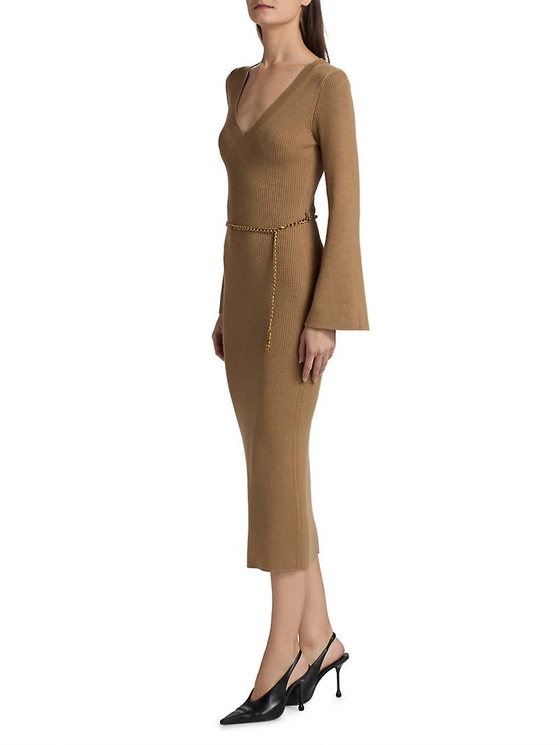 V-Neck Wool Blend Midi Sweater Dress