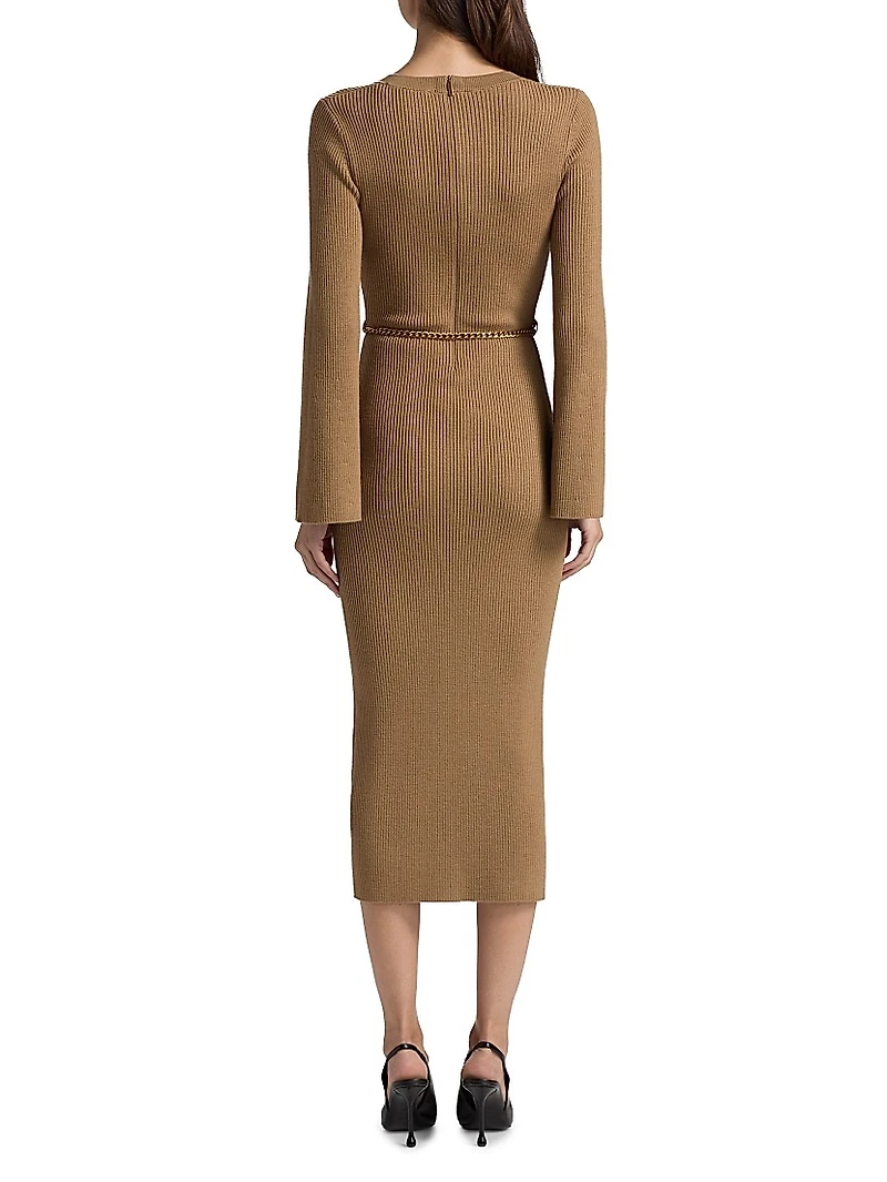V-Neck Wool Blend Midi Sweater Dress