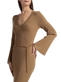 V-Neck Wool Blend Midi Sweater Dress