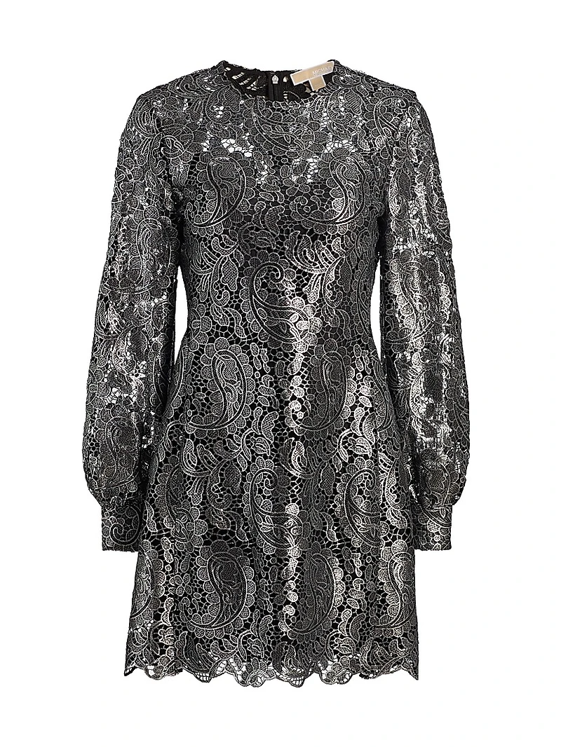 Metallic Lace Long-Sleeve Minidress