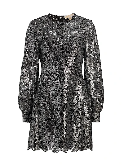 Metallic Lace Long-Sleeve Minidress