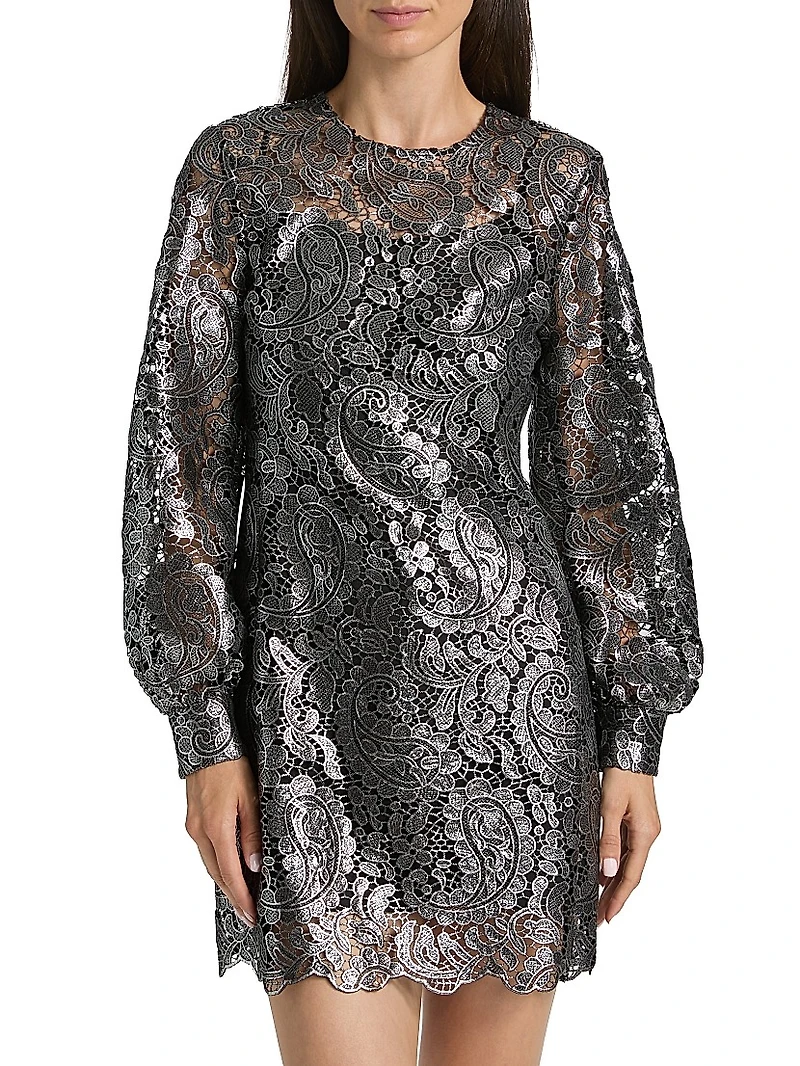 Metallic Lace Long-Sleeve Minidress