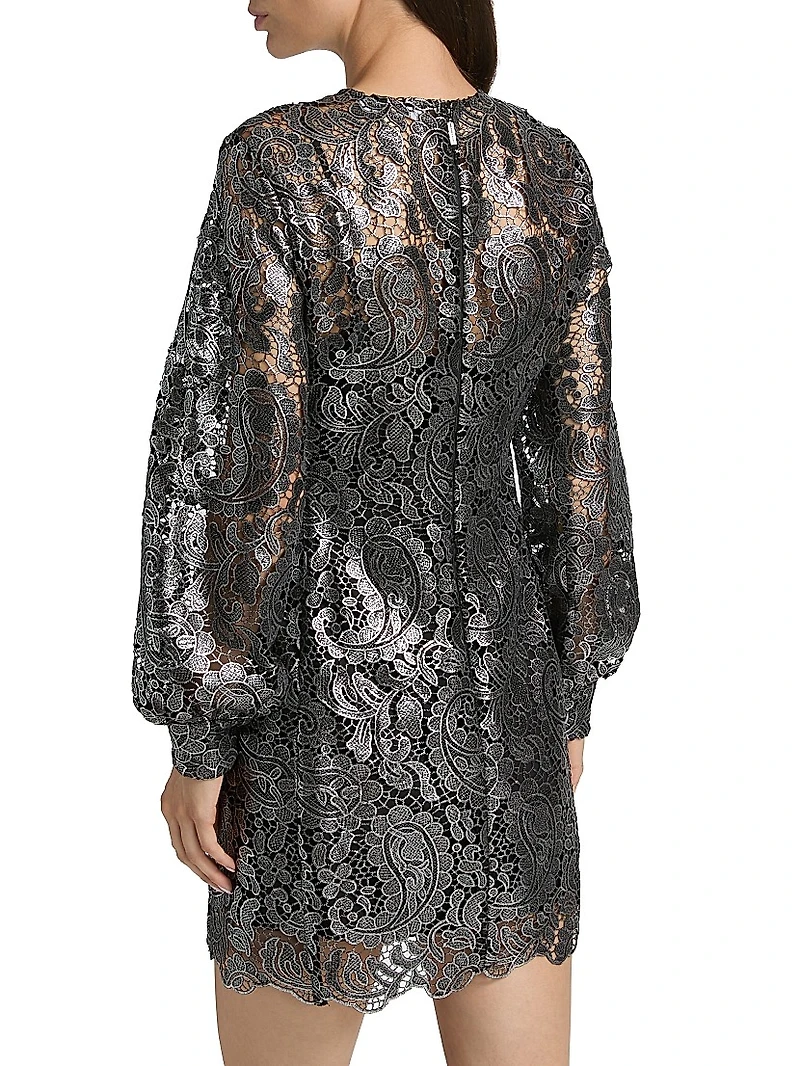 Metallic Lace Long-Sleeve Minidress