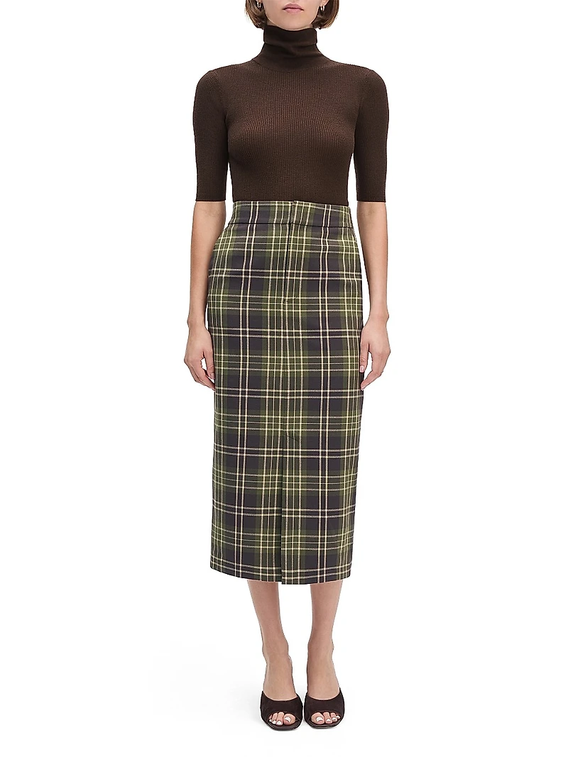 The Meyer Plaid Stretch Midi-Pencil Skirt