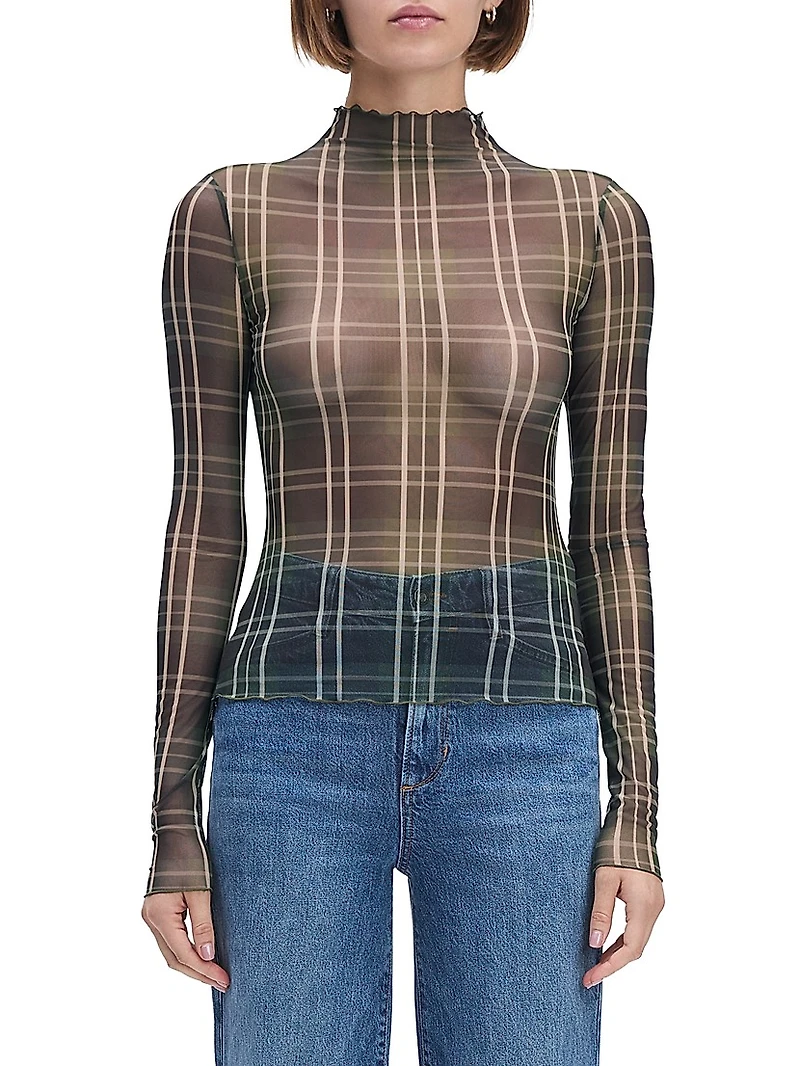 The Sheer Fantasy Plaid Mesh Top