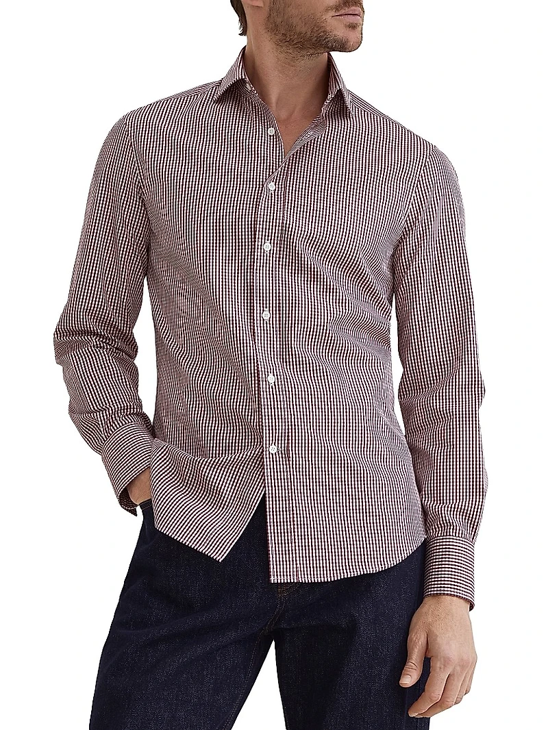 Checked Cotton Slim Fit Shirt with Spread Collar