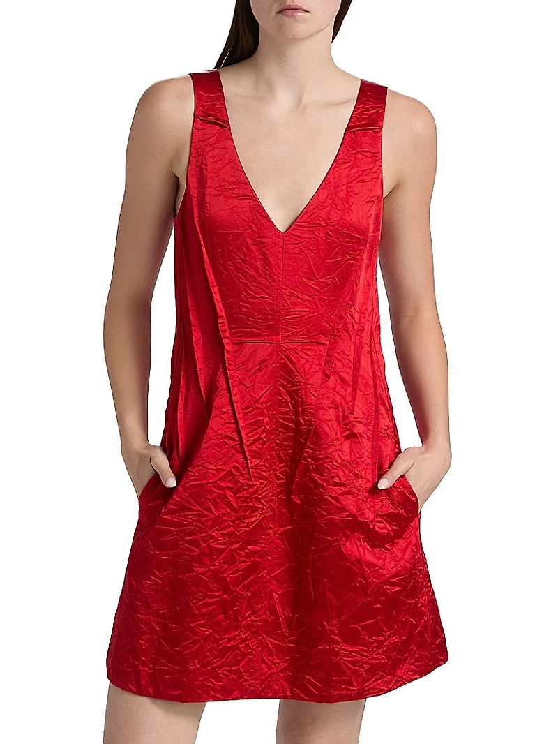 V-Neck Crushed Satin Minidress
