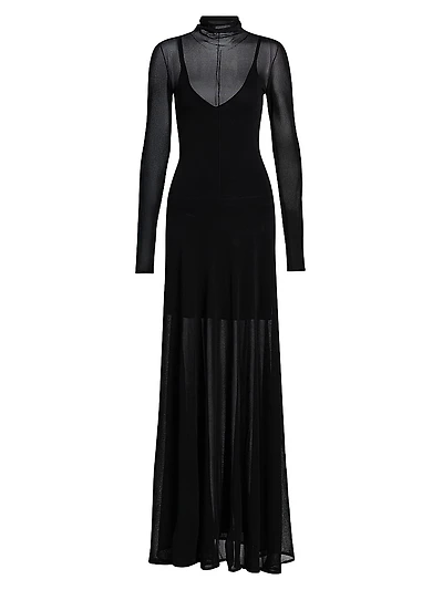 Semi-Sheer Long-Sleeve Turtleneck Maxi Dress