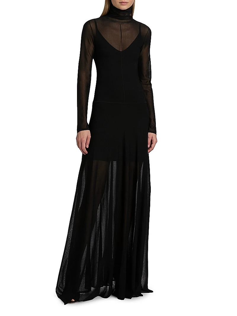 Semi-Sheer Long-Sleeve Turtleneck Maxi Dress