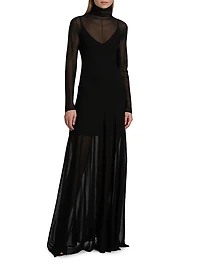 Semi-Sheer Long-Sleeve Turtleneck Maxi Dress