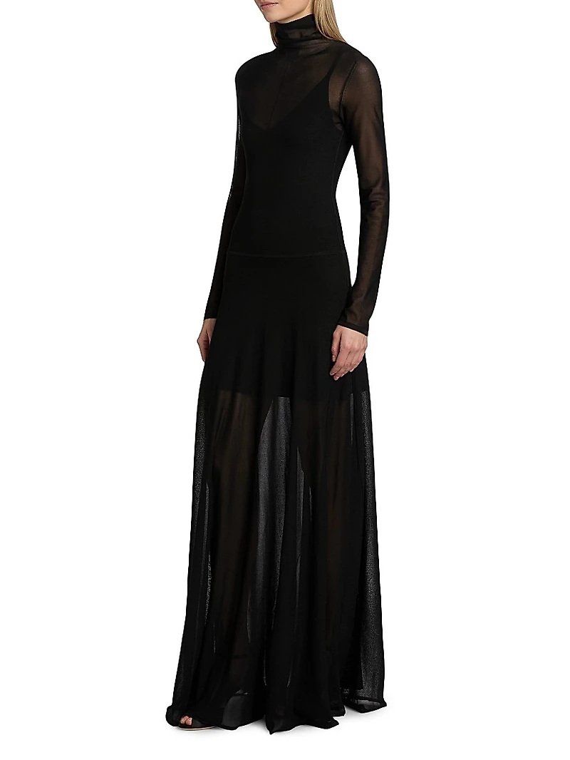 Semi-Sheer Long-Sleeve Turtleneck Maxi Dress